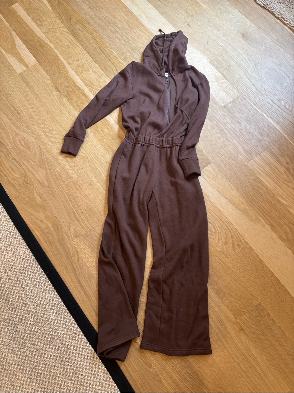 Brown Hooded Zip-Front Jumpsuit with Elastic Waist